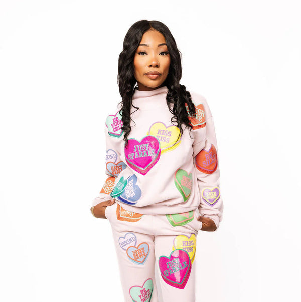 Pale Pink Multi Positive Hearts Sweatshirt- (Women's)