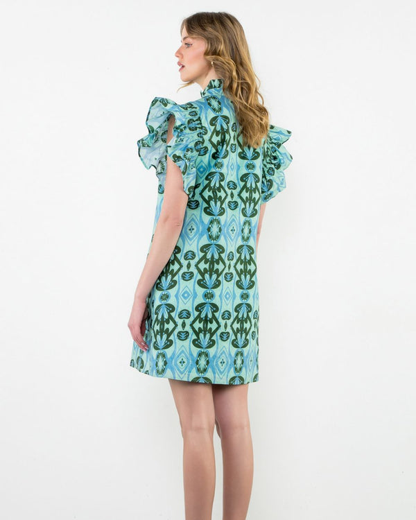 Ruffle Sleeve Print Dress- Mint