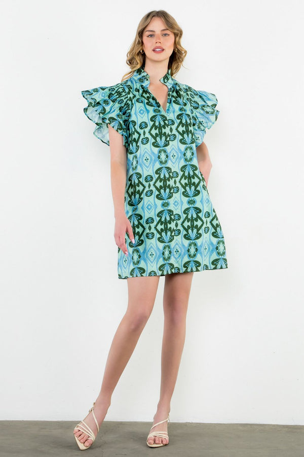 Ruffle Sleeve Print Dress- Mint