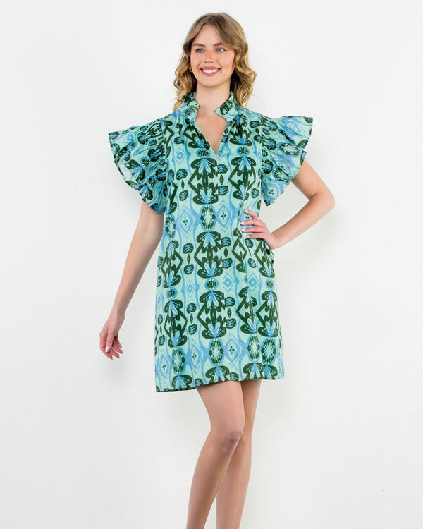 Ruffle Sleeve Print Dress- Mint