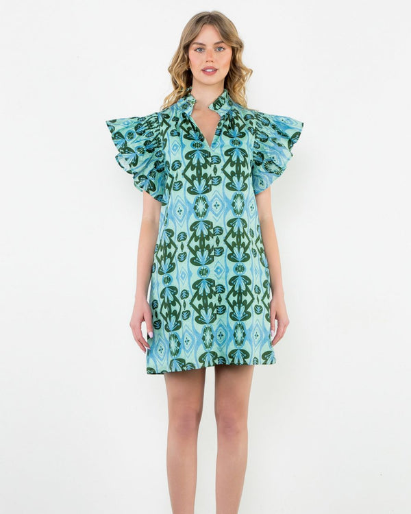 Ruffle Sleeve Print Dress- Mint