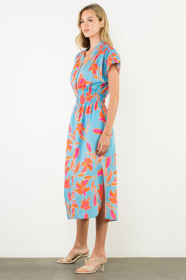 Smocked Waist Button Floral Dress- Light Blue