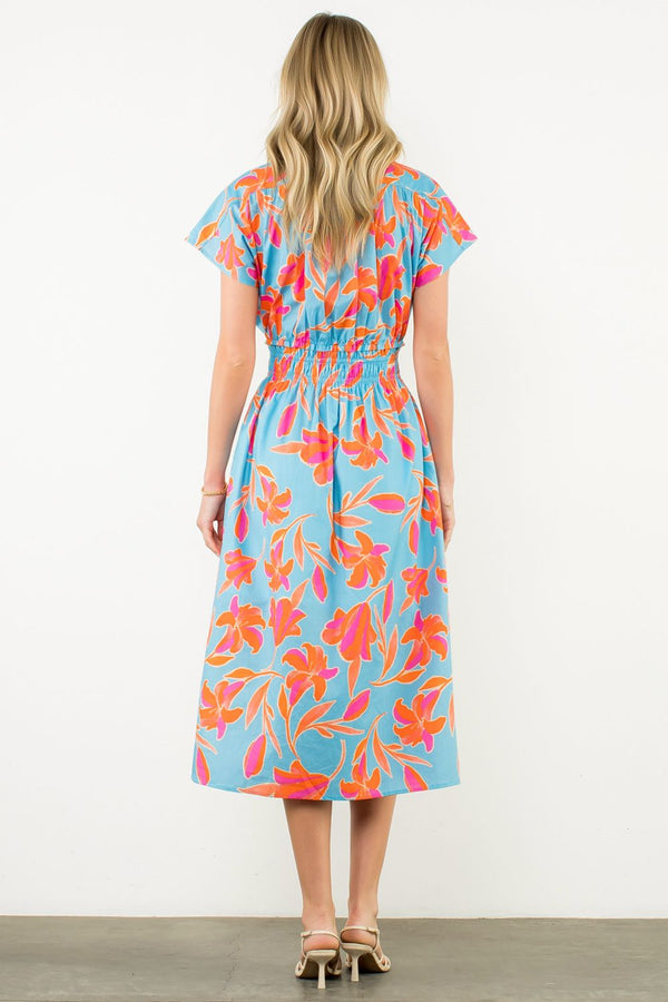 Smocked Waist Button Floral Dress- Light Blue