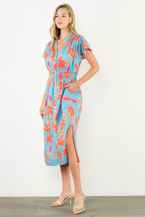 Smocked Waist Button Floral Dress- Light Blue