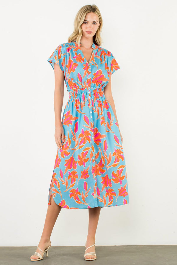Smocked Waist Button Floral Dress- Light Blue