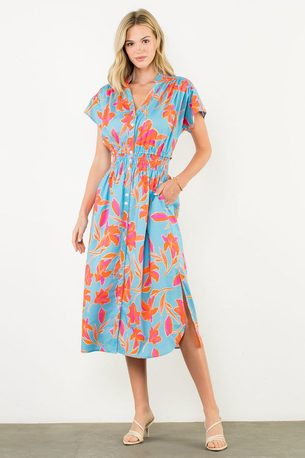 Smocked Waist Button Floral Dress- Light Blue