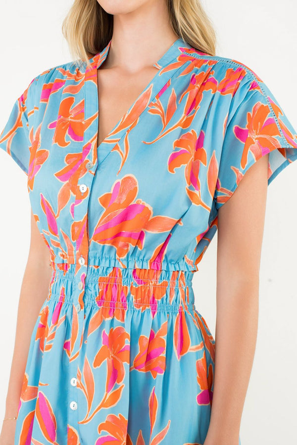 Smocked Waist Button Floral Dress- Light Blue