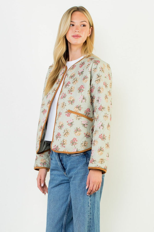 Floral Pattern Quilted Jacket- Sage