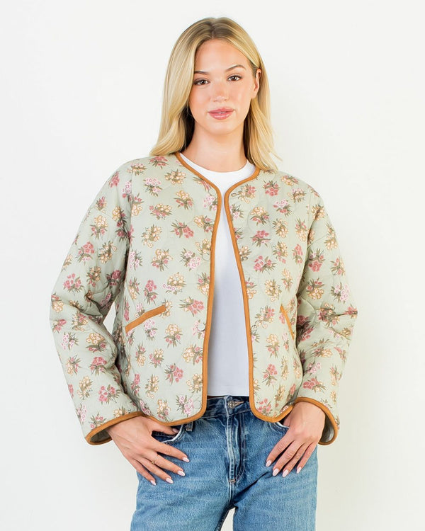 Floral Pattern Quilted Jacket- Sage