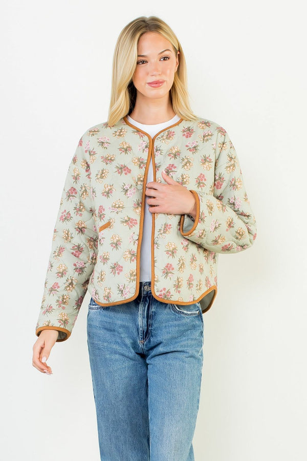 Floral Pattern Quilted Jacket- Sage