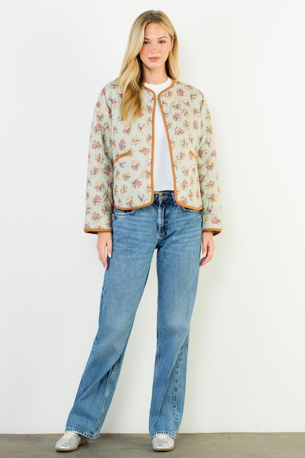 Floral Pattern Quilted Jacket- Sage