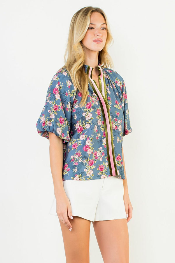 Puff Sleeve Velvet Trim Floral Top- Blue