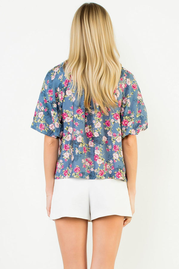 Puff Sleeve Velvet Trim Floral Top- Blue