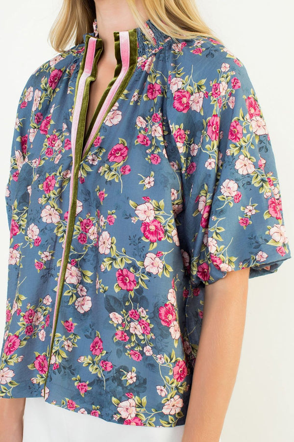 Puff Sleeve Velvet Trim Floral Top- Blue
