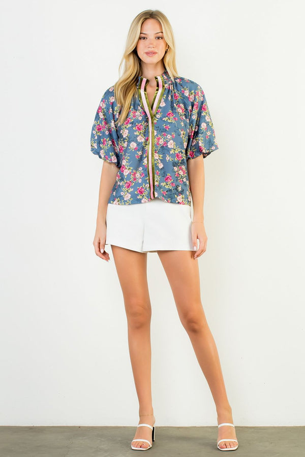 Puff Sleeve Velvet Trim Floral Top- Blue