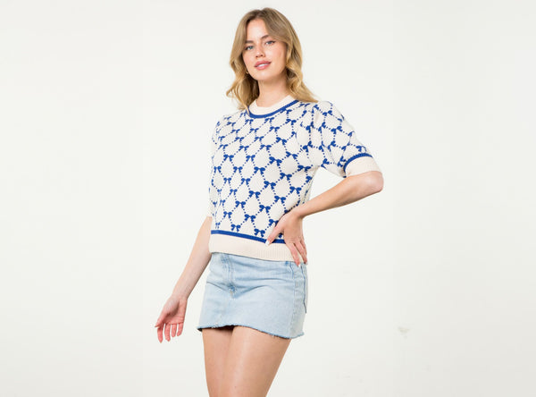 Short Sleeve Ribbon Knit Top -Cream/Blue