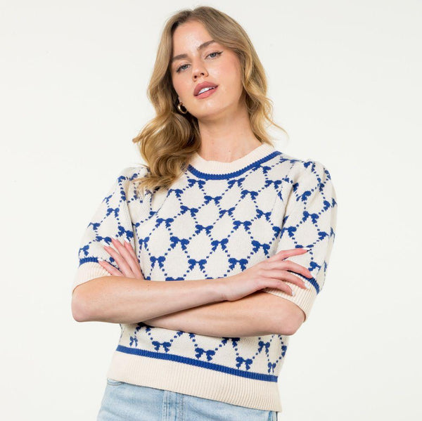 Short Sleeve Ribbon Knit Top -Cream/Blue