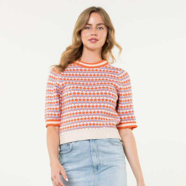Crochet Pattern Knit Top- Orange and Cream