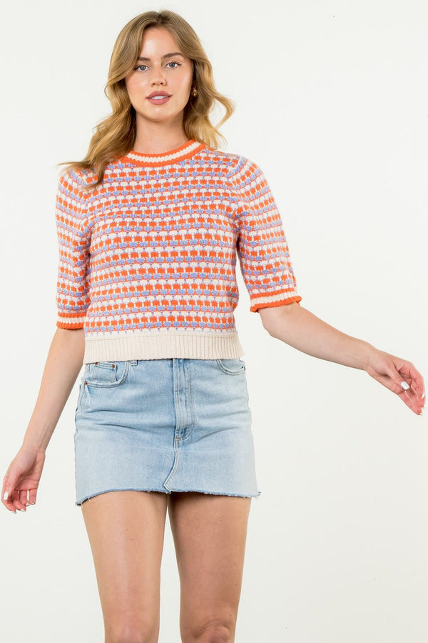 Crochet Pattern Knit Top- Orange and Cream