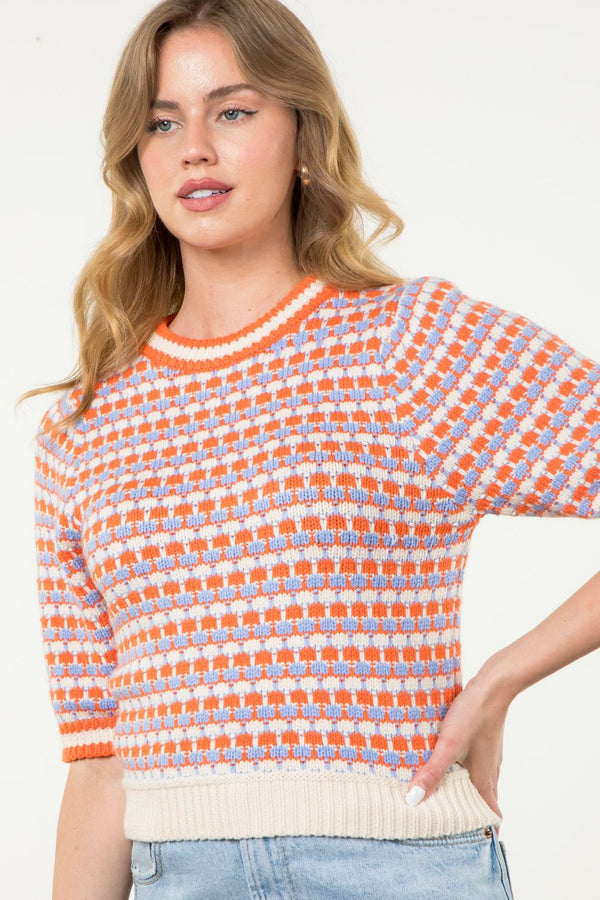 Crochet Pattern Knit Top- Orange and Cream