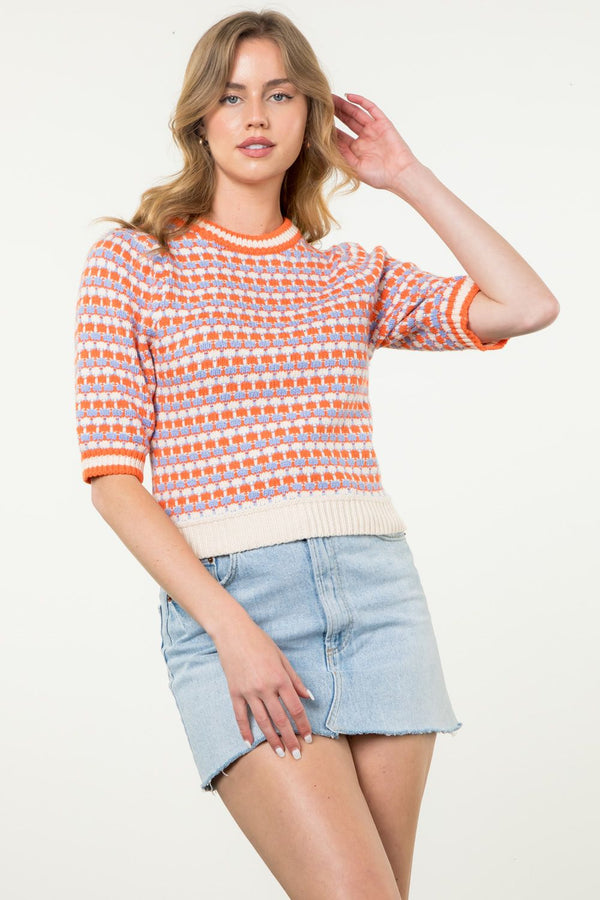 Crochet Pattern Knit Top- Orange and Cream