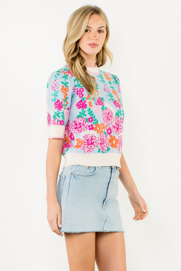 Short Sleeve Floral Knit Top- Blue