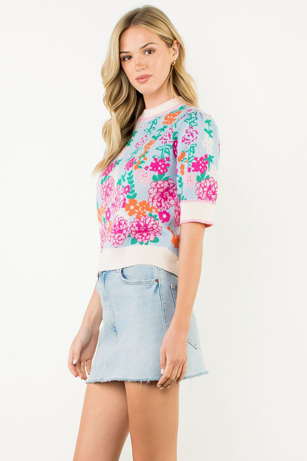 Short Sleeve Floral Knit Top- Blue