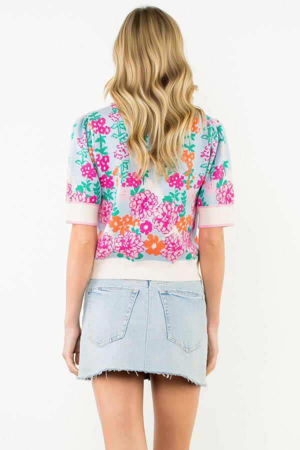 Short Sleeve Floral Knit Top- Blue