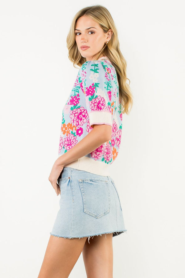 Short Sleeve Floral Knit Top- Blue