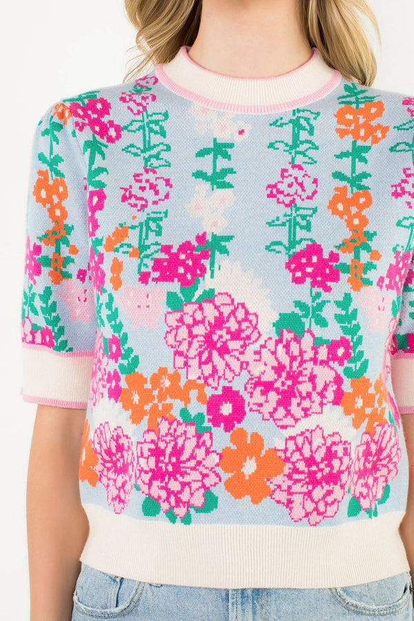 Short Sleeve Floral Knit Top- Blue