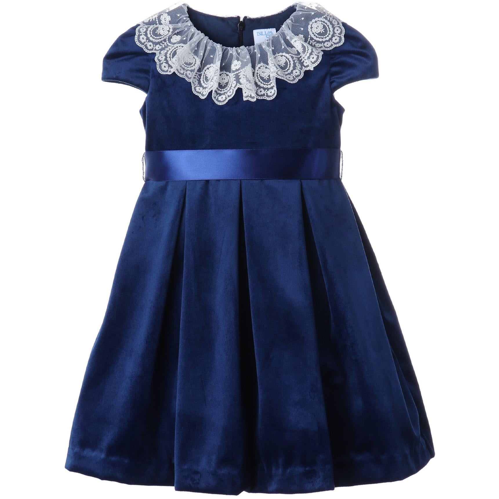 Luli & Me Girl's Floral-Lace Collar A-Line Velvet Dress, Size 4-6X, Blue, 4, Girls Apparel Dresses