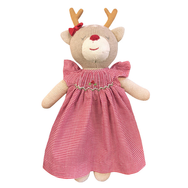 Knit Reindeer Doll with Red Check Dress
