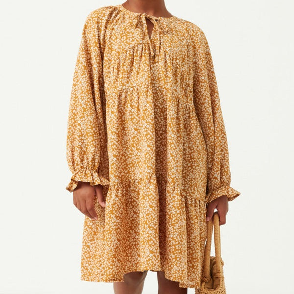 Ditsy Floral Tie Neck Long Sleeve Dress- Mustard