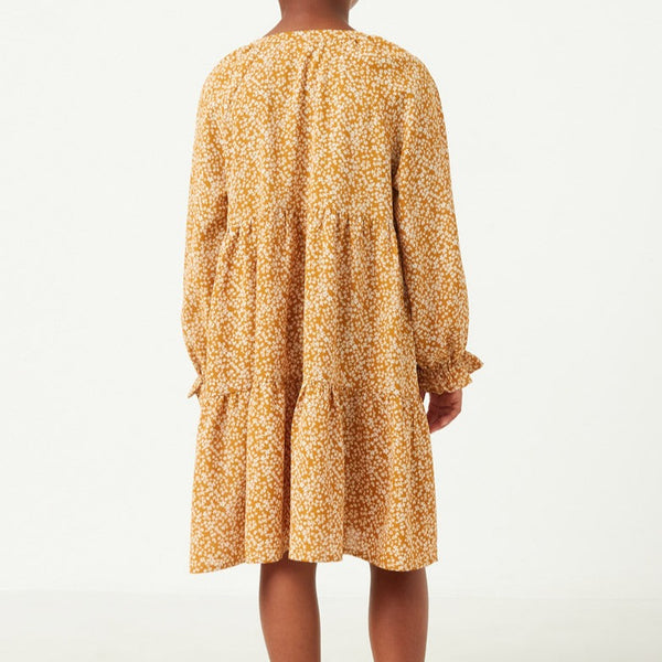 Ditsy Floral Tie Neck Long Sleeve Dress- Mustard
