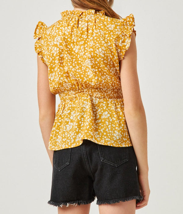 Smock Waist Ruffled Tie Neck Tank- Mustard