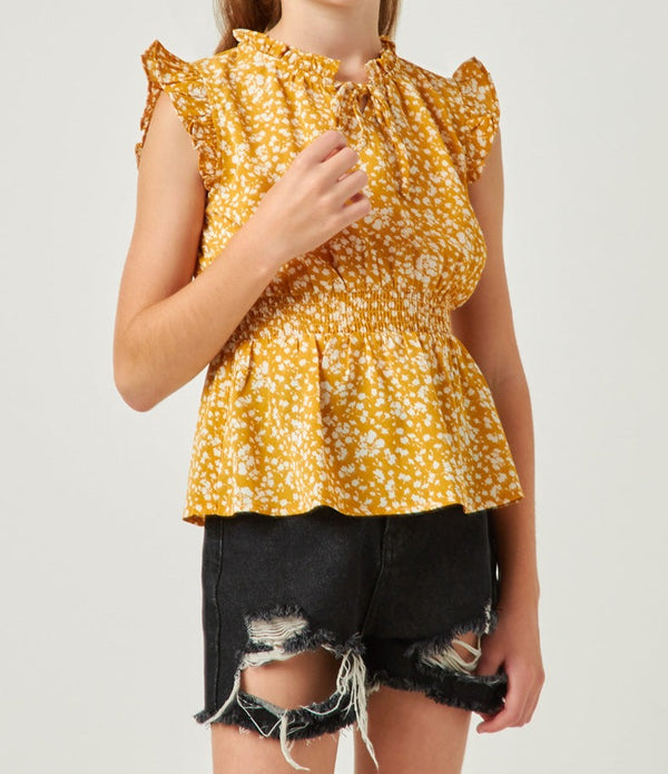 Smock Waist Ruffled Tie Neck Tank- Mustard