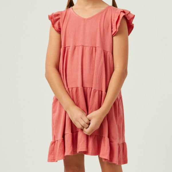 V Neck Crinkle Texture Knit Ruffled Shoulder Dress- Pink
