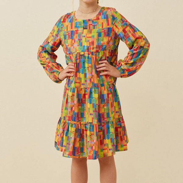 Colorful Patch Print Long Sleeve Dress- Green Mix