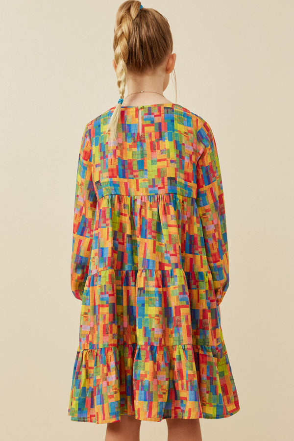 Colorful Patch Print Long Sleeve Dress- Green Mix