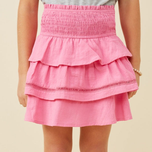 Crochet Trimmed Smocked Layered Skirt- Pink