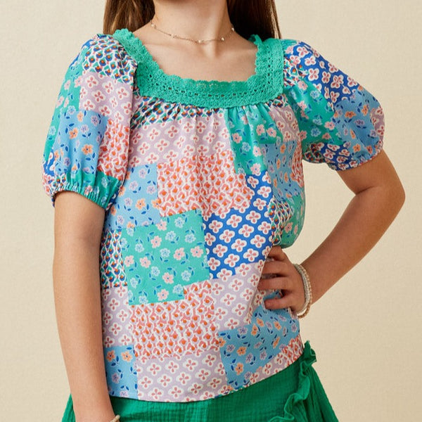 Vivid Patch Print Lace Trimmed Square Neck Top- Green