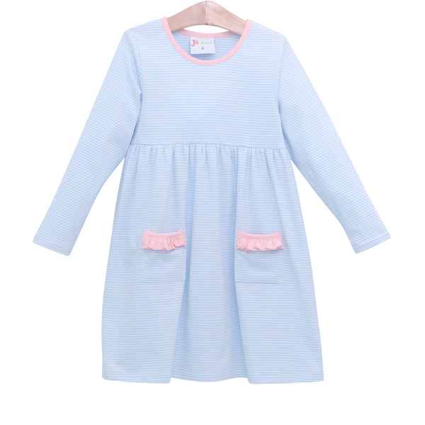 Pocket Dress- Light Blue Stripe & Pink Trim
