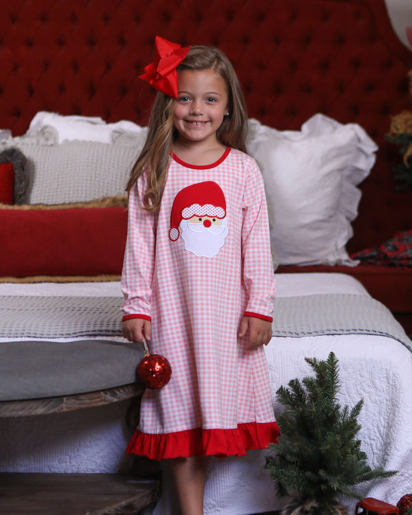 Santa Face Pink Gingham Dress- Light Skin