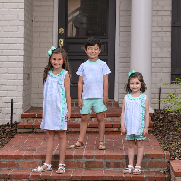 Blue Gingham and Mint Short Set