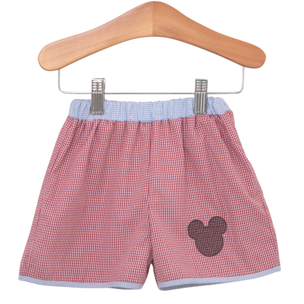 Mouse Embroidered Gingham Shorts- Red