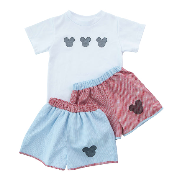 Mouse Embroidered Gingham Shorts- Red