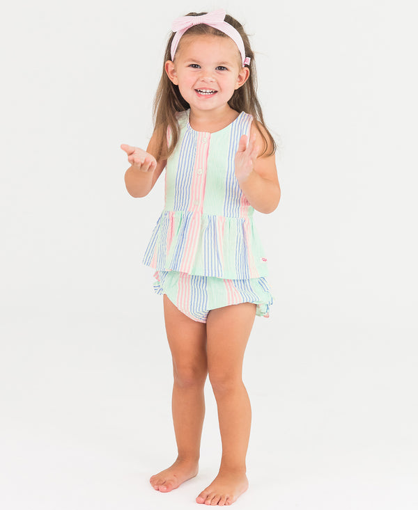 Button Up Swing Top And Bloomer Set- Multi-Color Seersucker